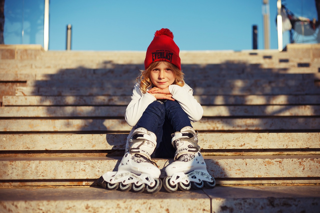 Home kid, roller skates, stairs, girl, child, childhood, summer, day, cap, jacket, blazer, outdoor, park, fall, autumn, blonde, curls, nature, cute